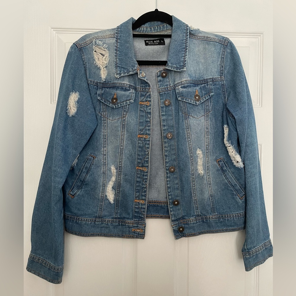 Classic Blue Distressed Jean Jacket from Boutique Size L